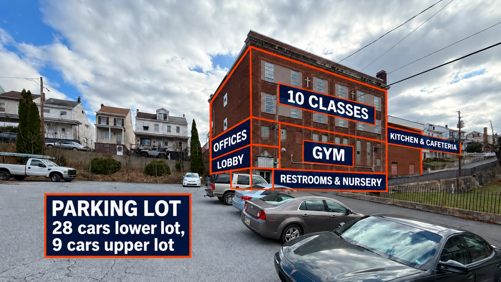 Rear building view labeled with 10 classes, offices, lobby, gym, restrooms and nursery, kitchen and cafeteria, and parking for 28 cars in the lower lot and 9 in the upper lot