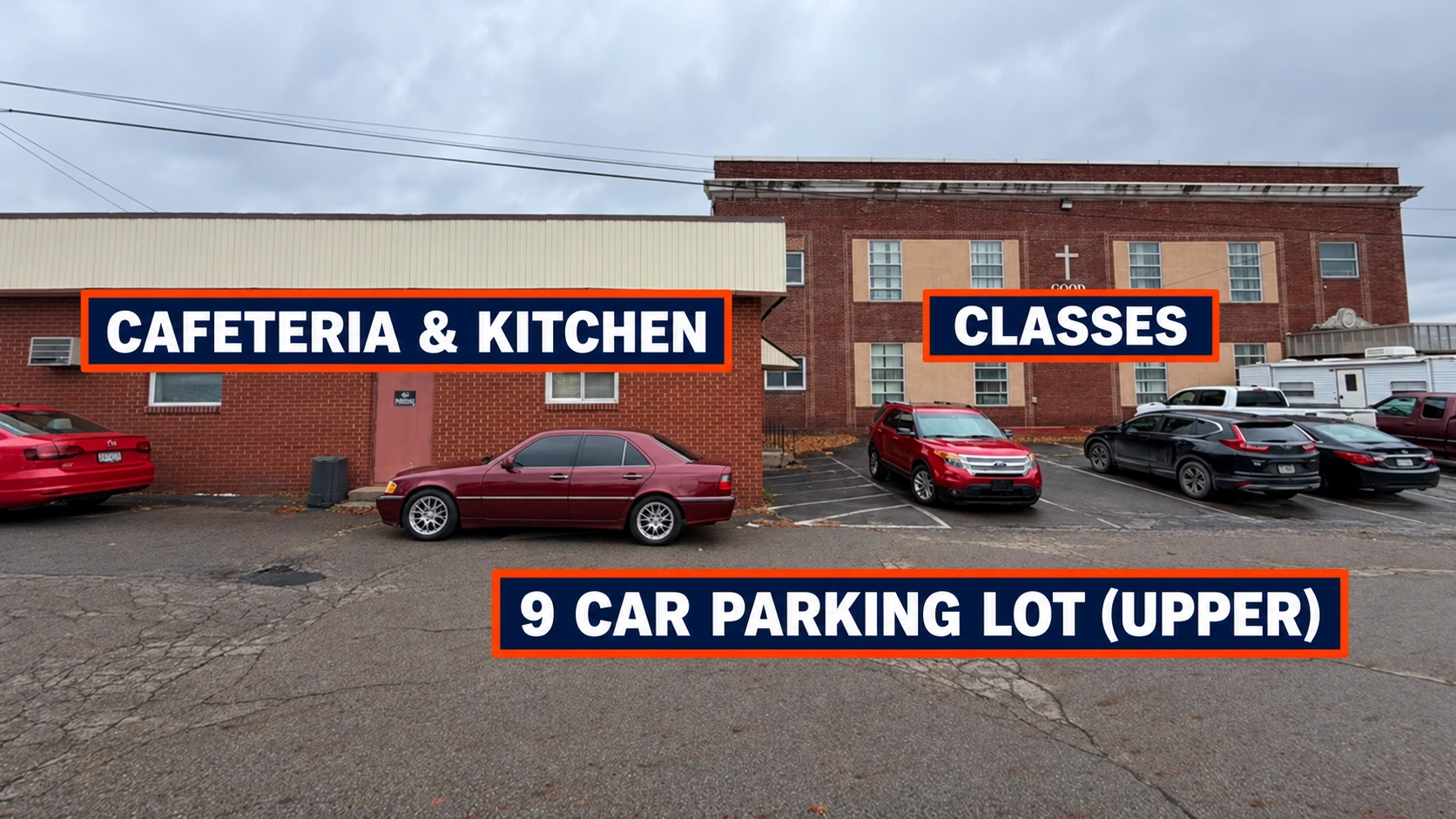 Front building view labeled with cafeteria and kitchen, classes, and the 9-car upper parking lot