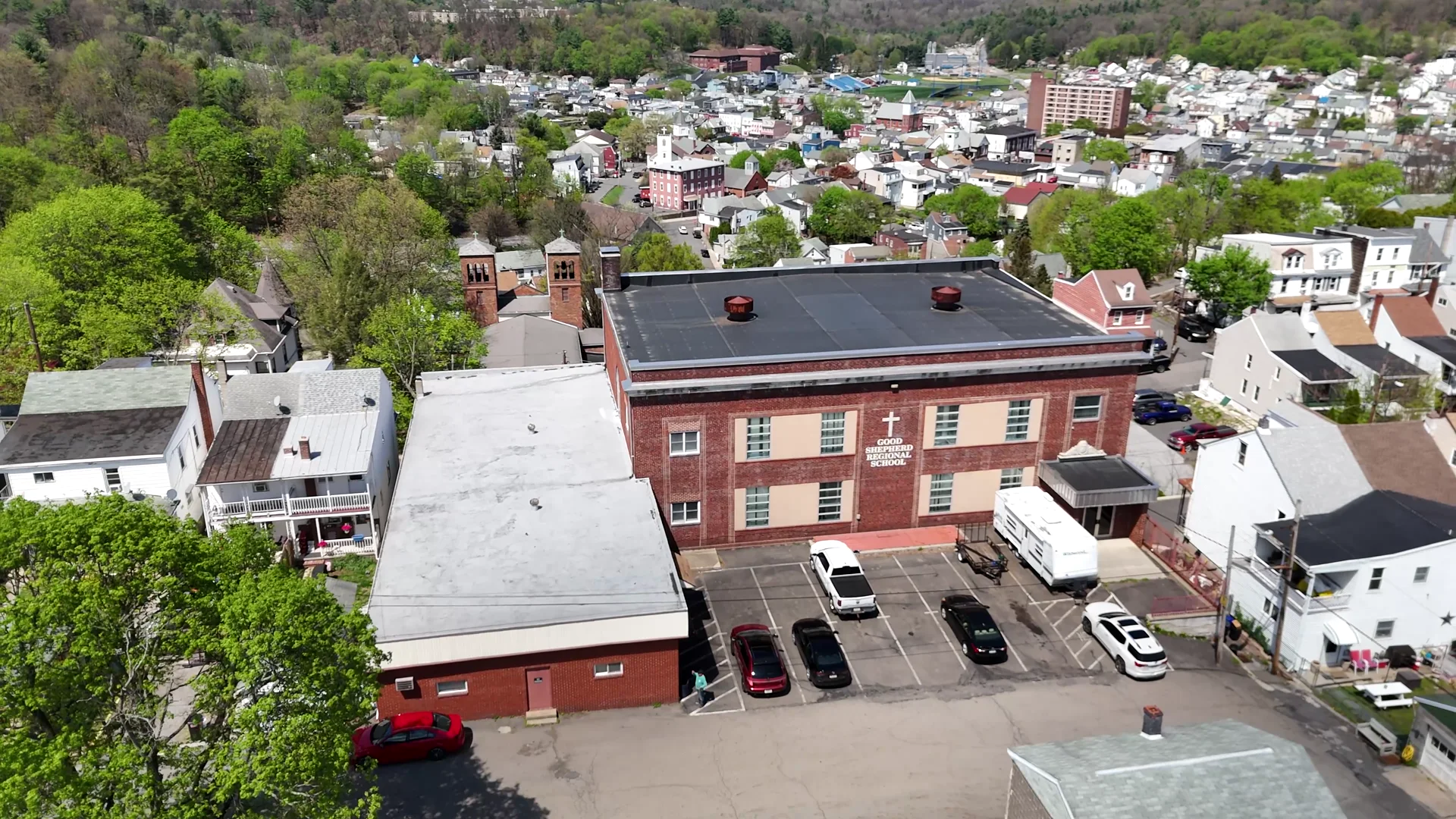 Aerial view of the former school building and neighborhood in Minersville, Pennsylvania